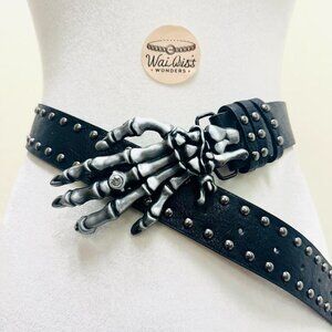 Silver skeleton hand belt with studded details, adjustable
